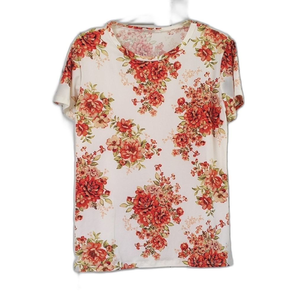Reborn J Red White Floral Stretch Soft Tee Women's size L